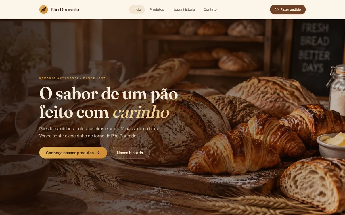 Site demonstrativo da padaria Pão Dourado aberto em um notebook